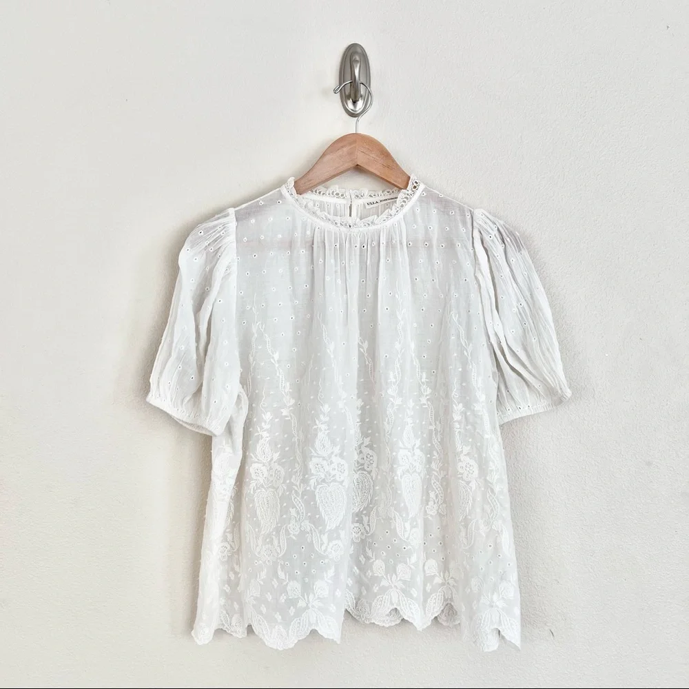 ✨RARE✨ ULLA JOHNSON Emmie Embroidered Lace Puff Sleeve Top in Blanc White